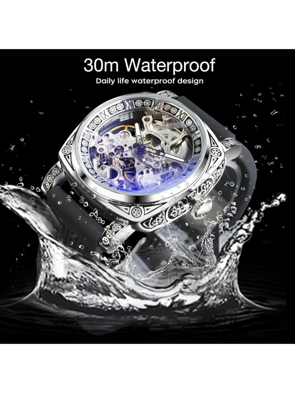 Men's Black Square Mechanical Rubber Buckle Self-Wind Carved Automatic Watch - Picture 5 of 6